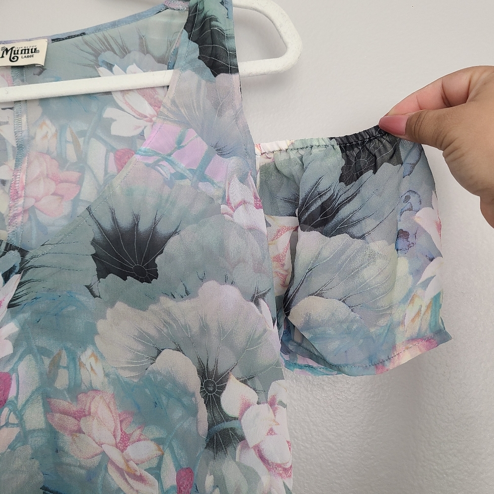 Show Me Your Mumu Hazel Ruffle Cold Shoulder Tropical Floral Lily Pad Pastel Top - Picture 4 of 6